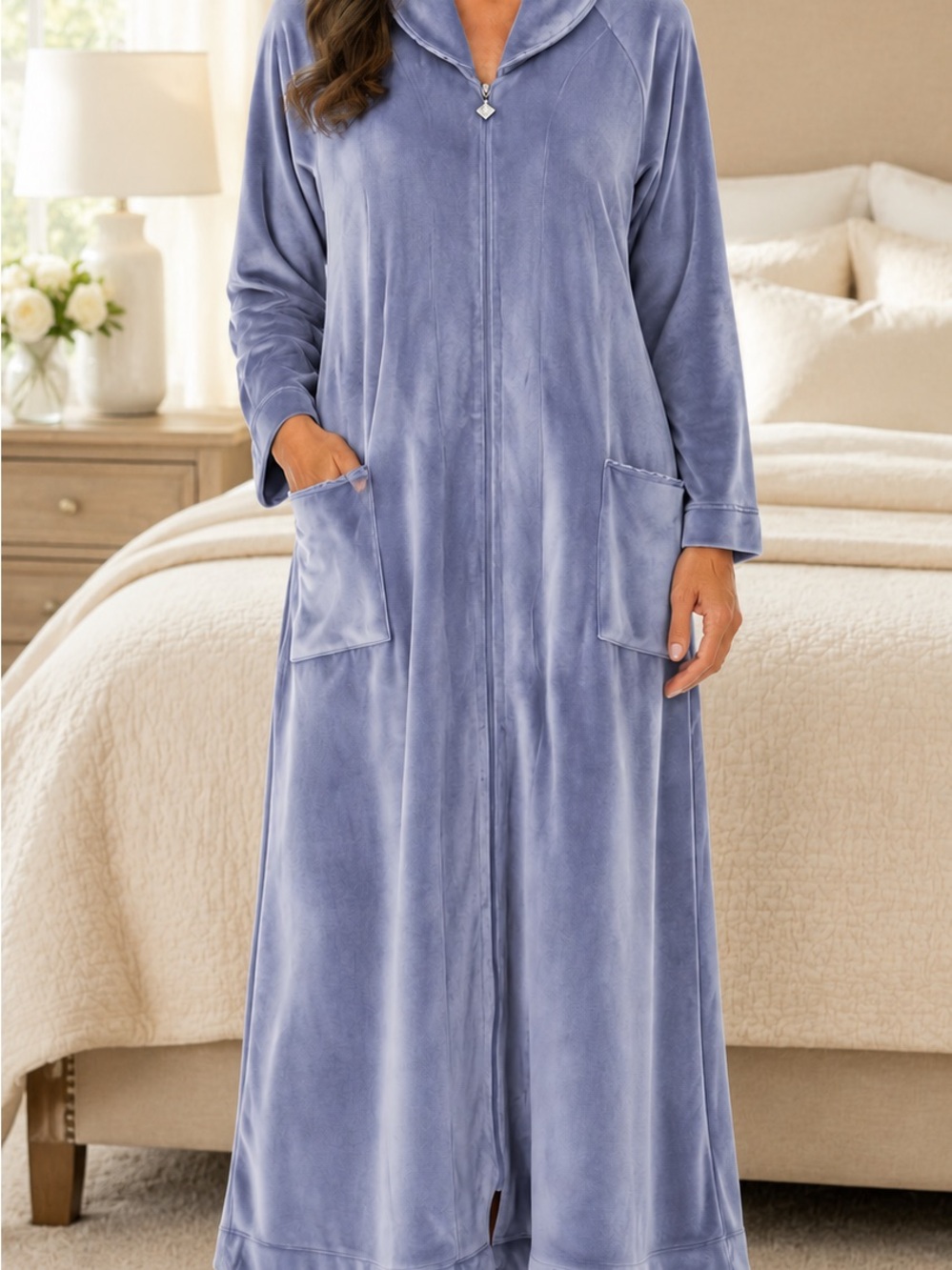 Eileen West Long Plush Zip-Front Robe in Dusty Lavender